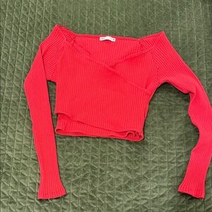 Zara Red Ribbed Long Sleeve Crop Top